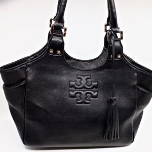 TORY BURCH~thea round tote~TASSELED LARGE HOBO BAG in BLACK PEBBLED LEATHER